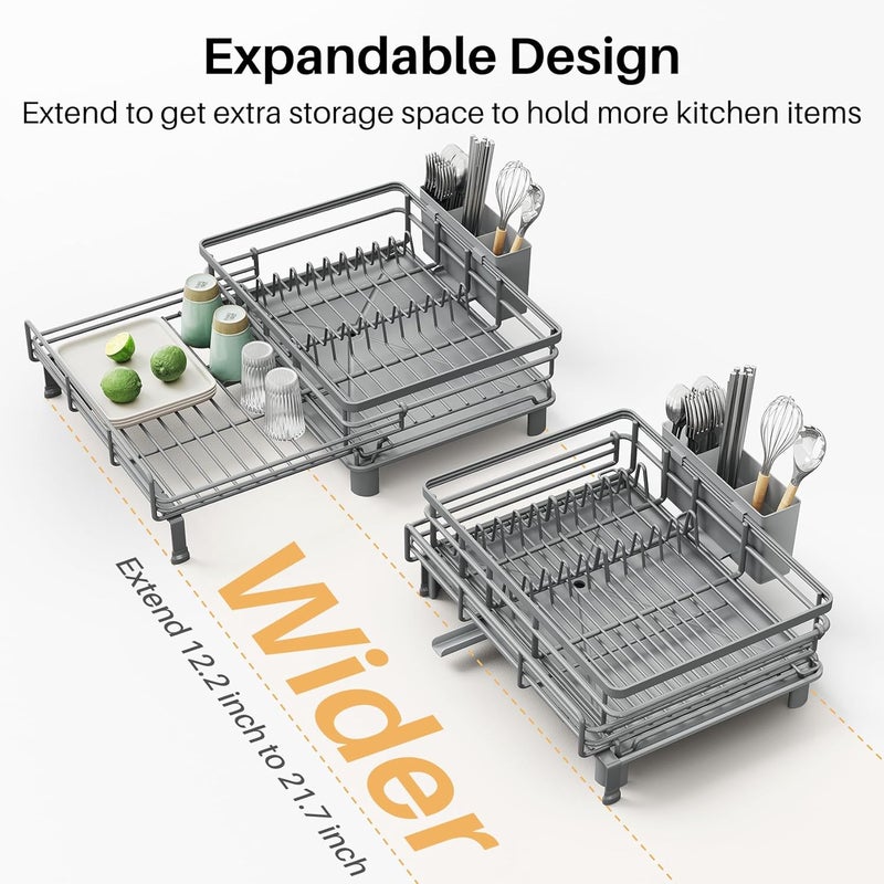 SNTD Dish Drying Rack - Extendable Dish Rack, Large Sink Drying Dish Drainer for Kitchen Counter, Stainless Steel Dish Strainer with Utensil Holder (Grey) - Image 5